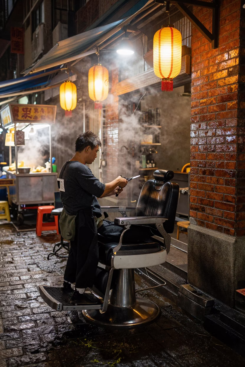 Midnight Barber Wanhua Taipei Mist in along a market lane in Wanhua, Taipei