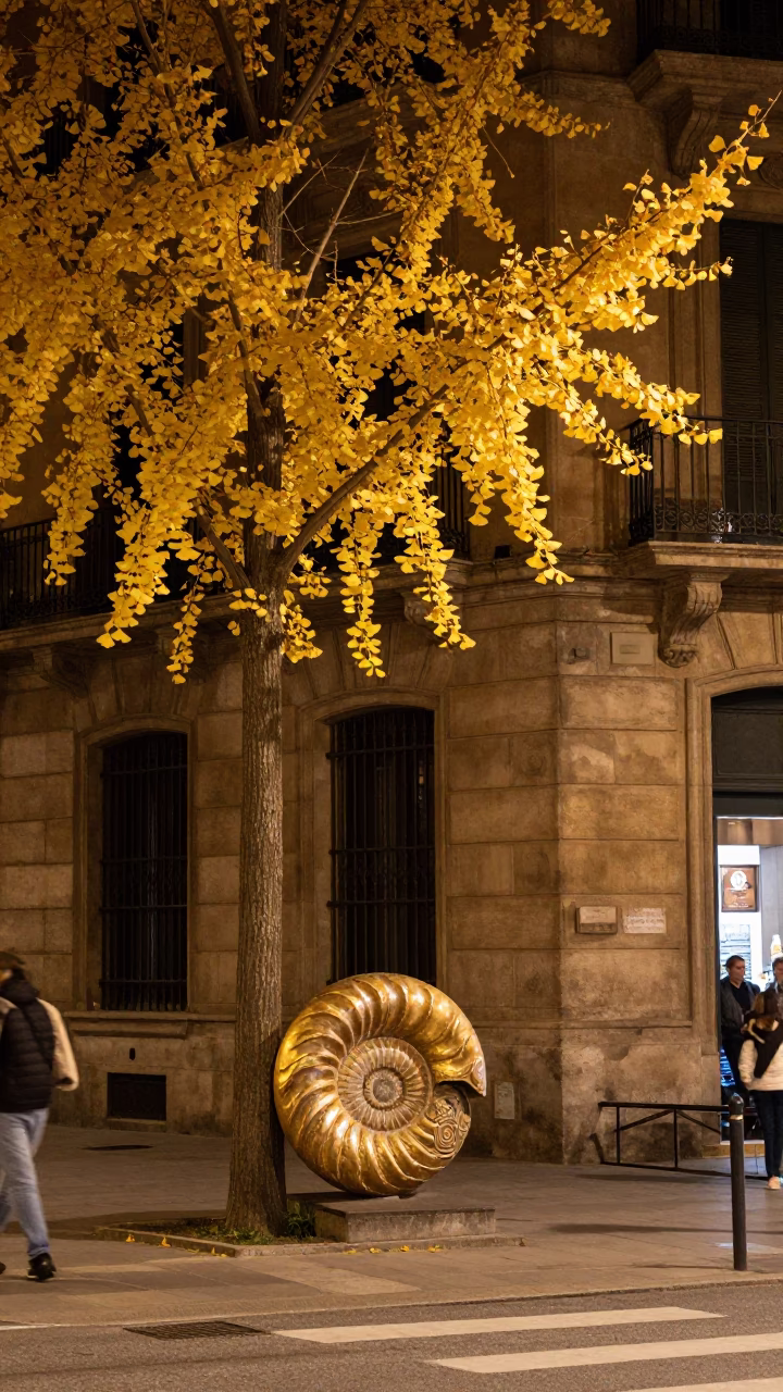 Midnight Barcelona Street Scene with Ammonite Fossil and Golden Ginkgo Tree in in Barcelona, Spain