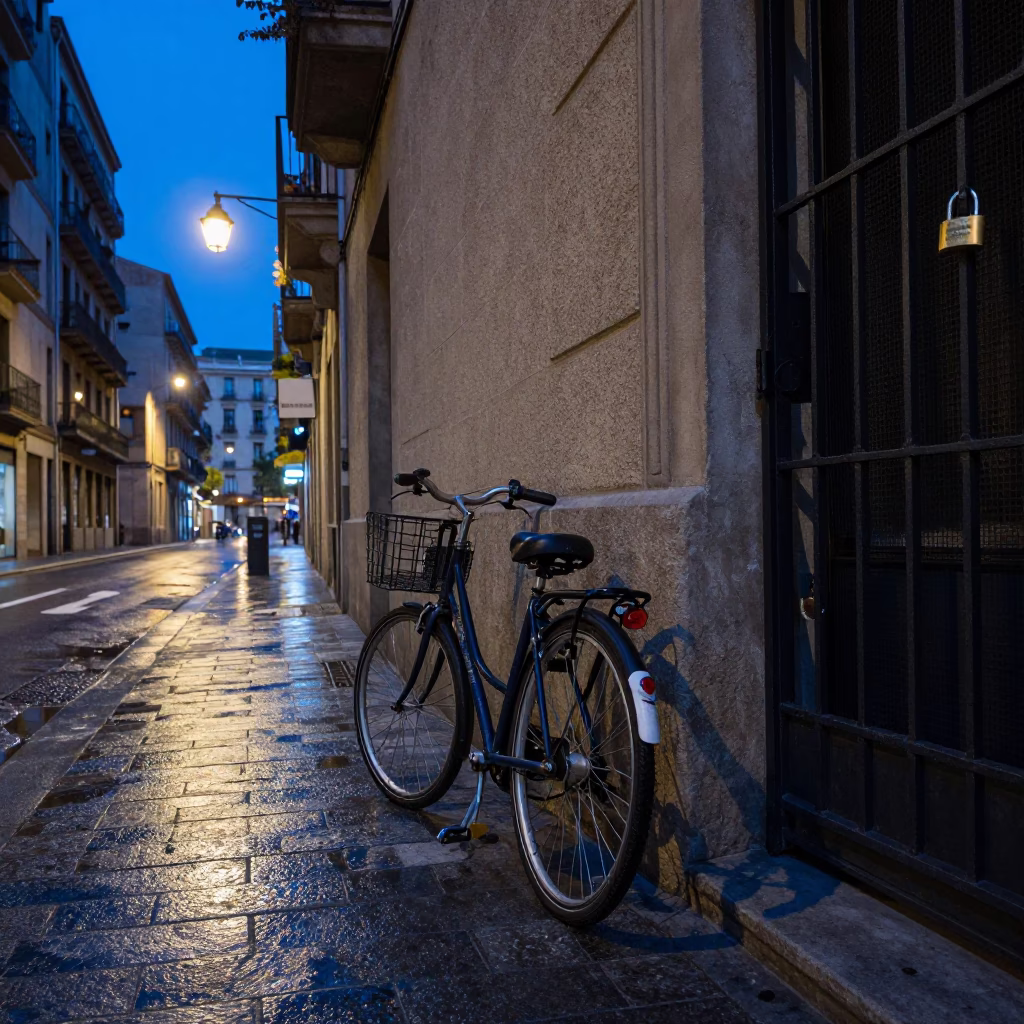 Midnight Barcelona Street Scene with Bicycle Padlock and Gate Handle in in Barcelona, Spain