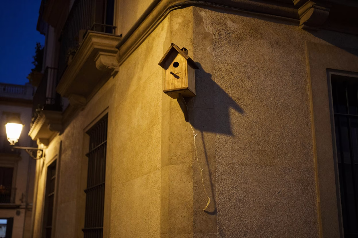 Midnight Barcelona Street Scene with Birdhouse and Twine on Historic Building Facade in in Barcelona, Spain