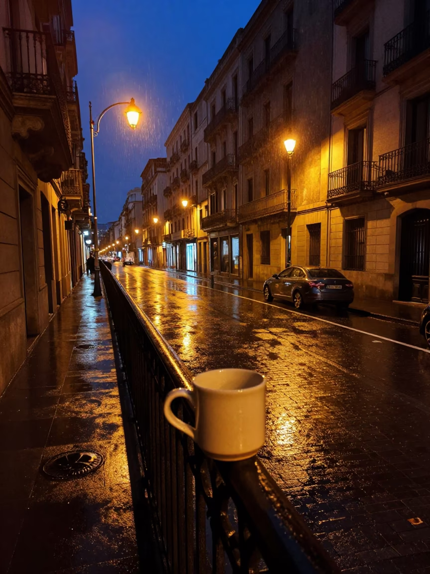 Midnight Barcelona Street Scene with Ceramic Mug and Rain on Cobblestones in in Barcelona, Spain