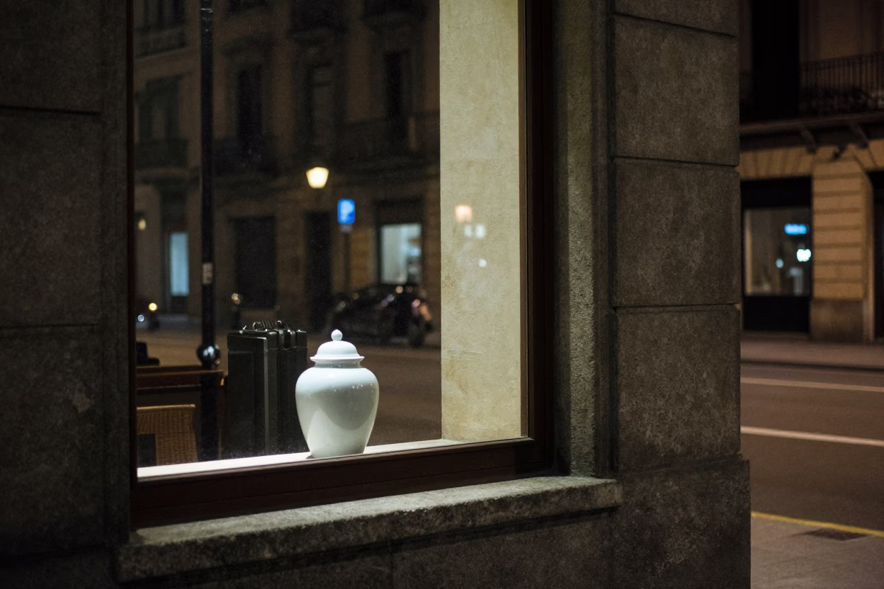 Midnight Barcelona Street Scene with Clear Glass Window and Porcelain Jar in in Barcelona, Spain