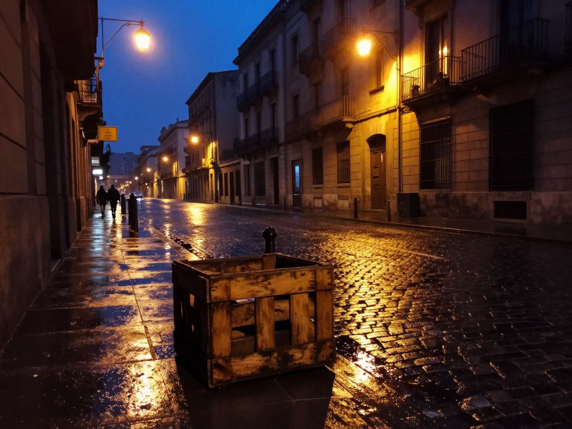 Midnight Barcelona Street Scene with Crate and Rainy Atmosphere in in Barcelona, Spain