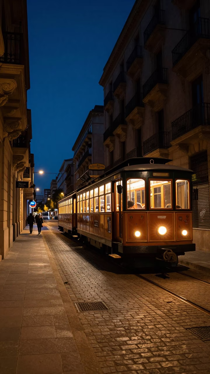 Midnight Barcelona Street Scene with Narrow Gauge Train and Local Interaction in in Barcelona, Spain