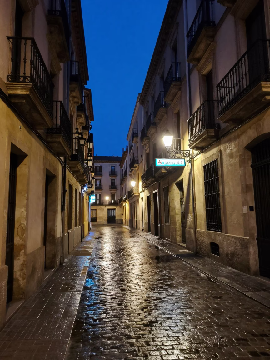 Midnight Barcelona Street Scene with Neon Signs and Late Night Pedestrians in in Barcelona, Spain
