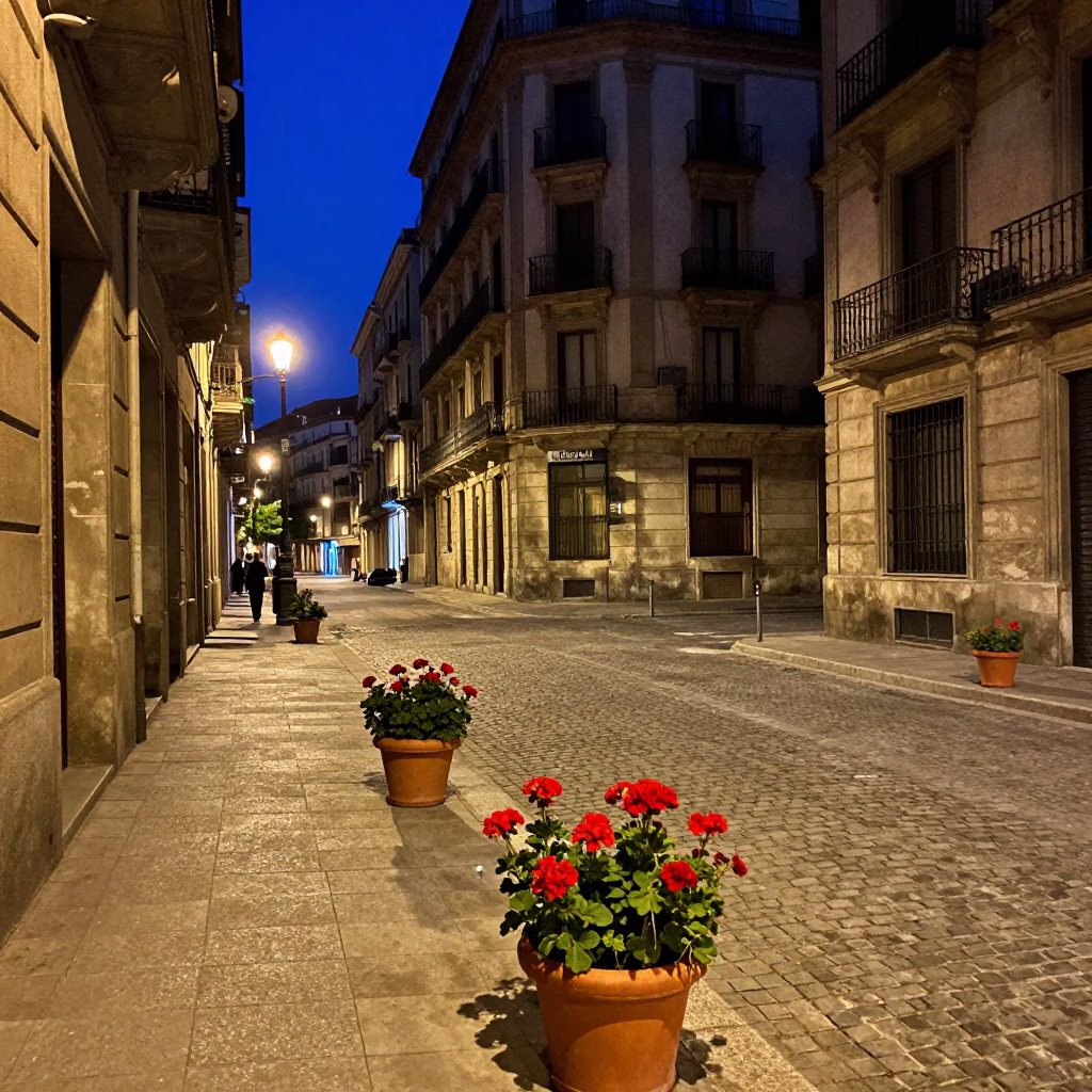 Midnight Barcelona Street Scene with Potted Geraniums and Urban Architecture in in Barcelona, Spain