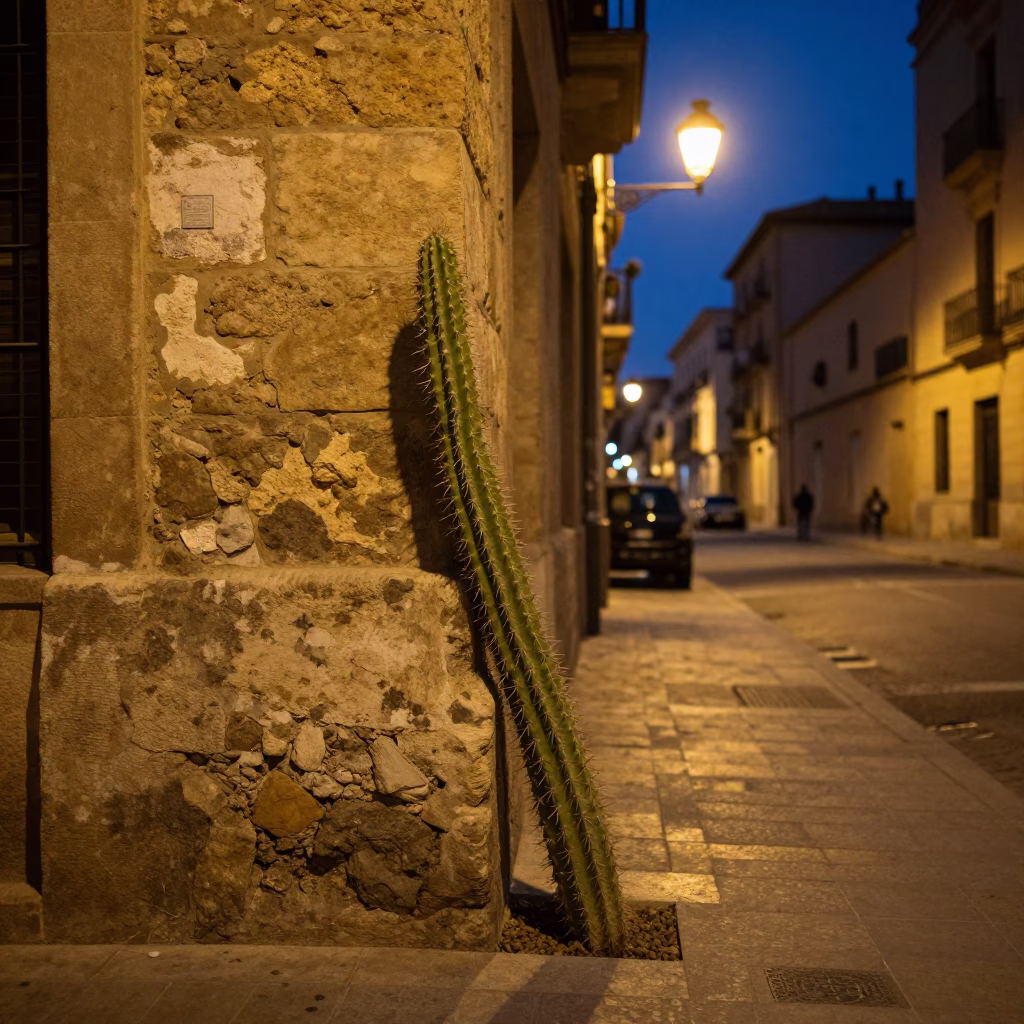 Midnight Barcelona Street Scene with Prickly Pear Cactus and Tailor Shears in in Barcelona, Spain