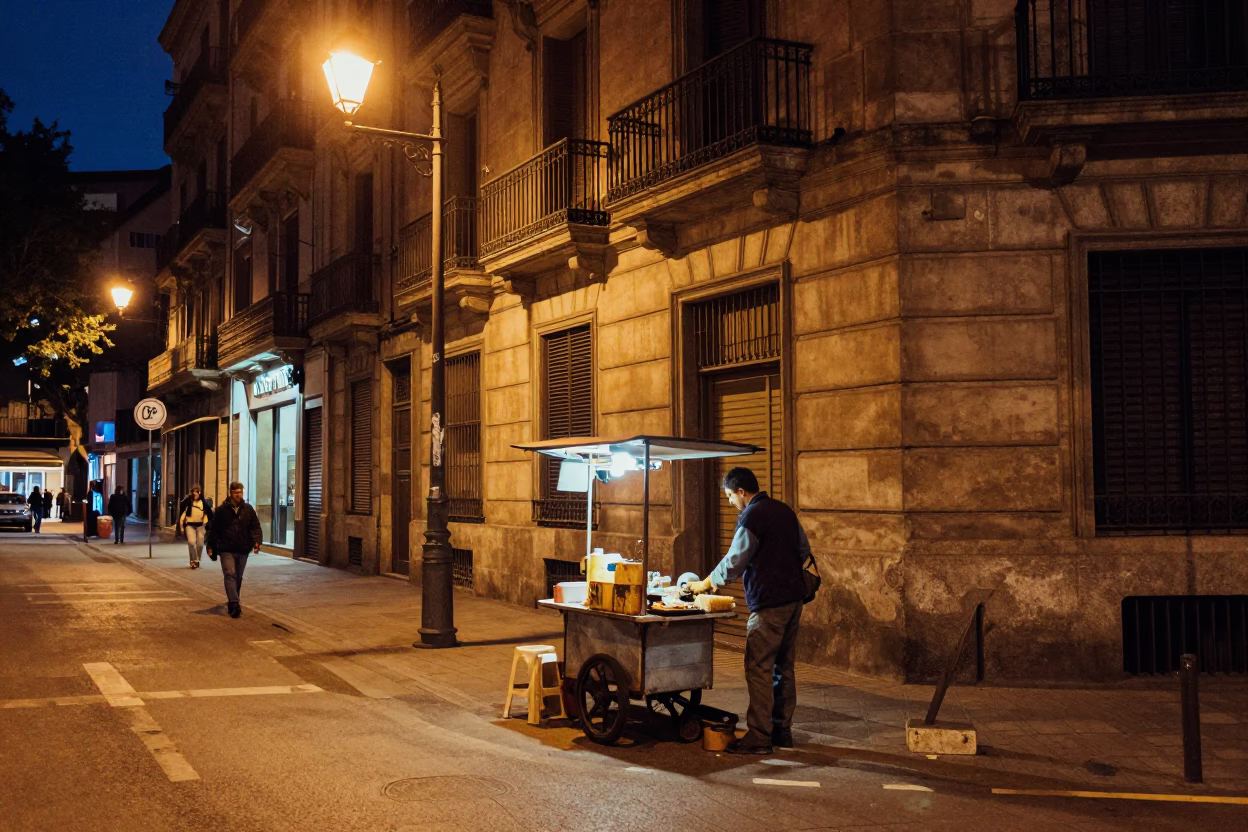 Midnight Barcelona Street Scene with Vintage 1970s Aesthetic and Local Life in in Barcelona, Spain