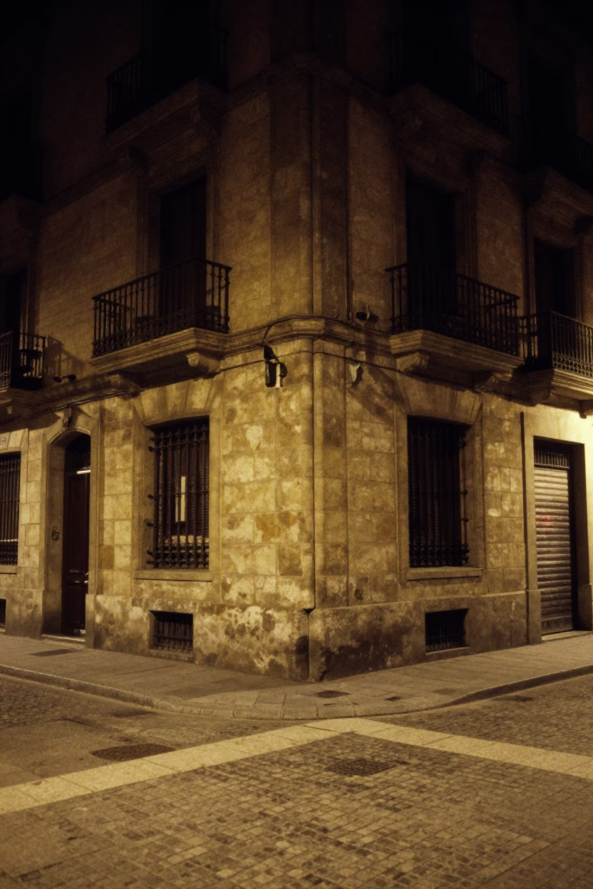 Midnight Barcelona Street Scene with Vintage 1980s Architecture and Urban Details in in Barcelona, Spain