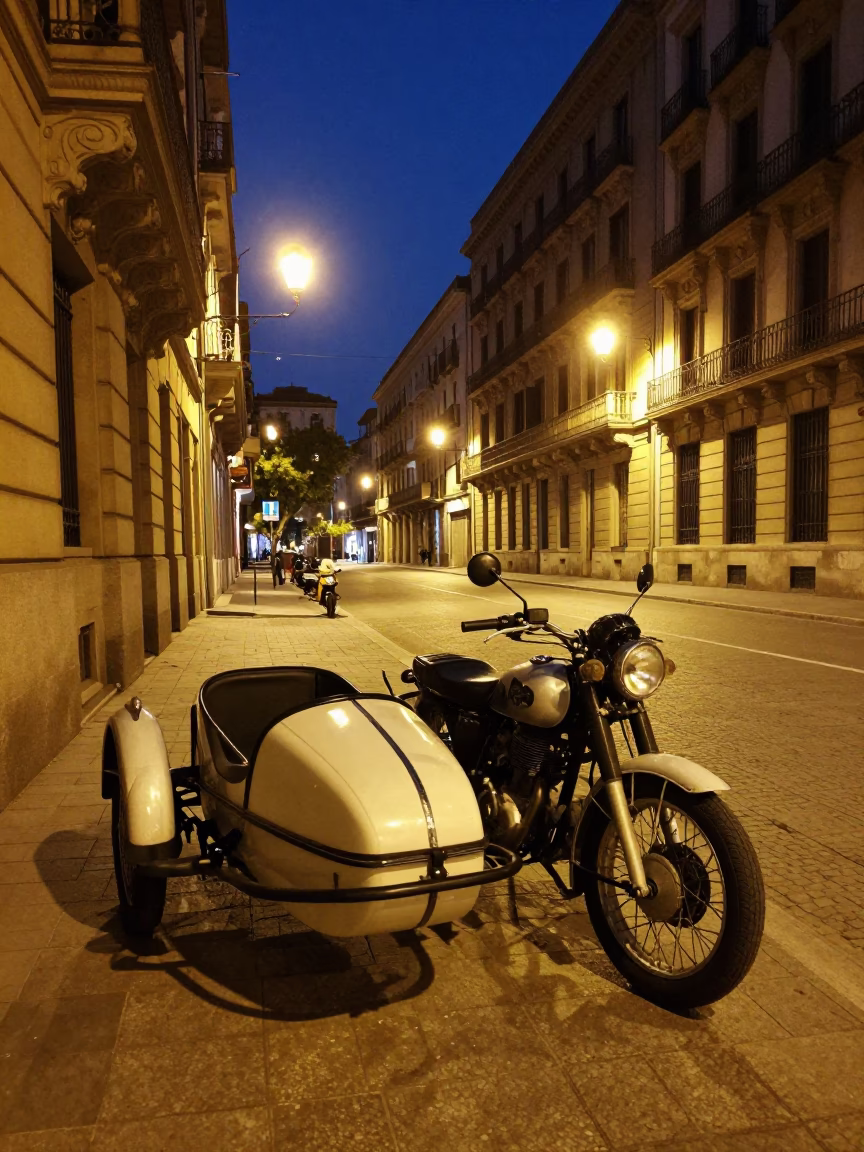 Midnight Barcelona Street Scene with Vintage Motorcycle and Sidecar Parked Near Historic Architecture in in Barcelona, Spain