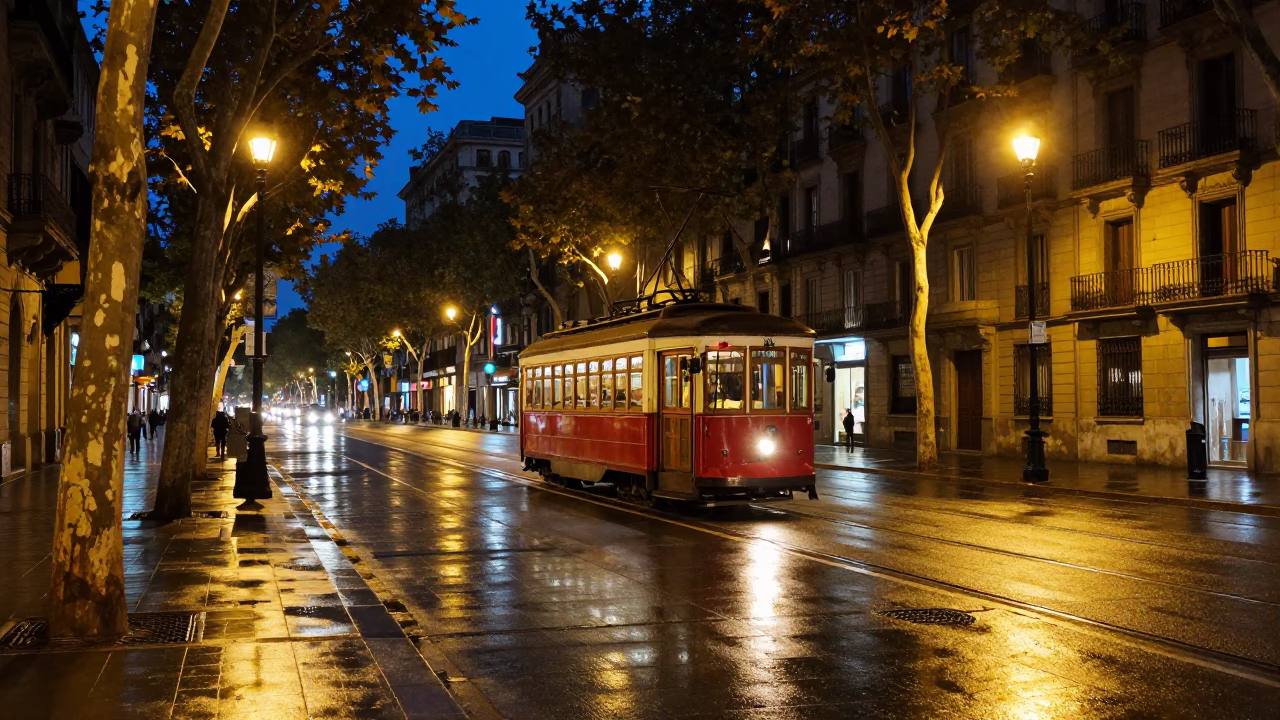 Midnight Barcelona Street Scene with Vintage Tram and Tree-Lined Boulevards in in Barcelona, Spain