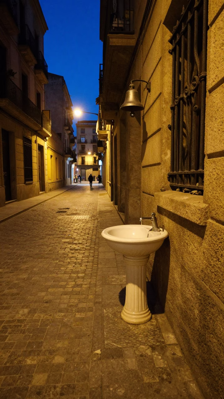 Midnight Barcelona Street Scene with Wash Basin and Bell on Cobblestone in in Barcelona, Spain