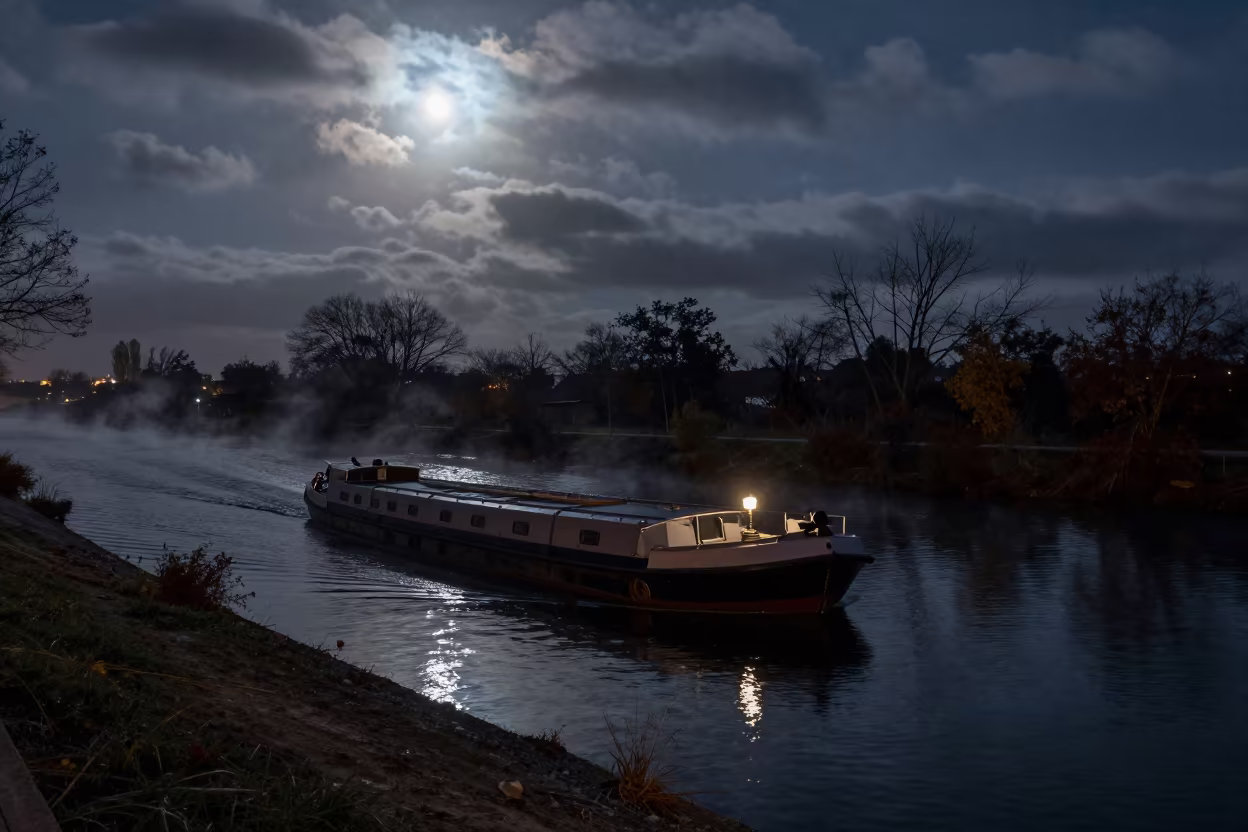 Midnight Barge Drifts Under Moonlit Clouds in in Catalonia