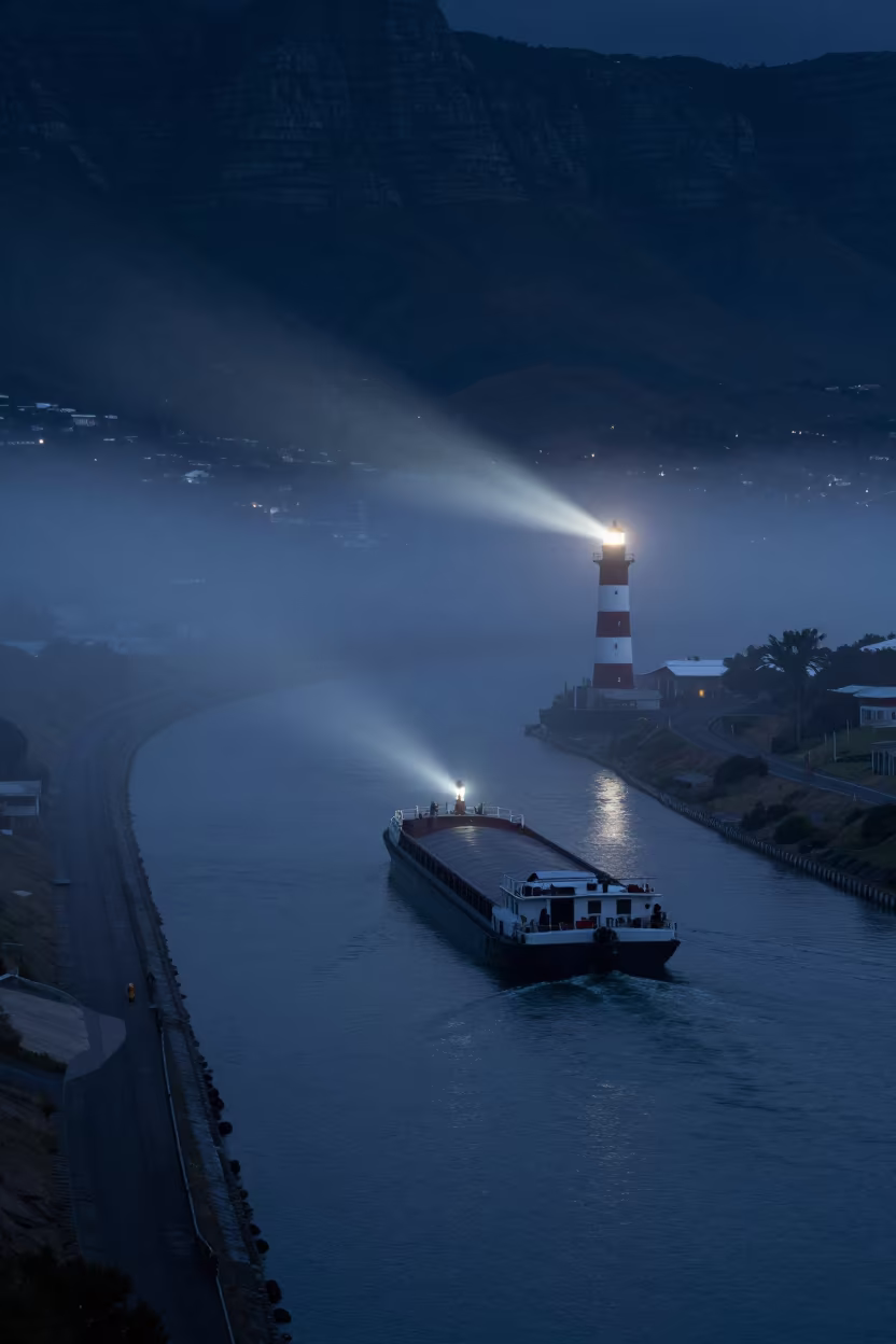 Midnight Barge in Lighthouse Sweep Fog Cape Town in along a switchback approach near Cape Town