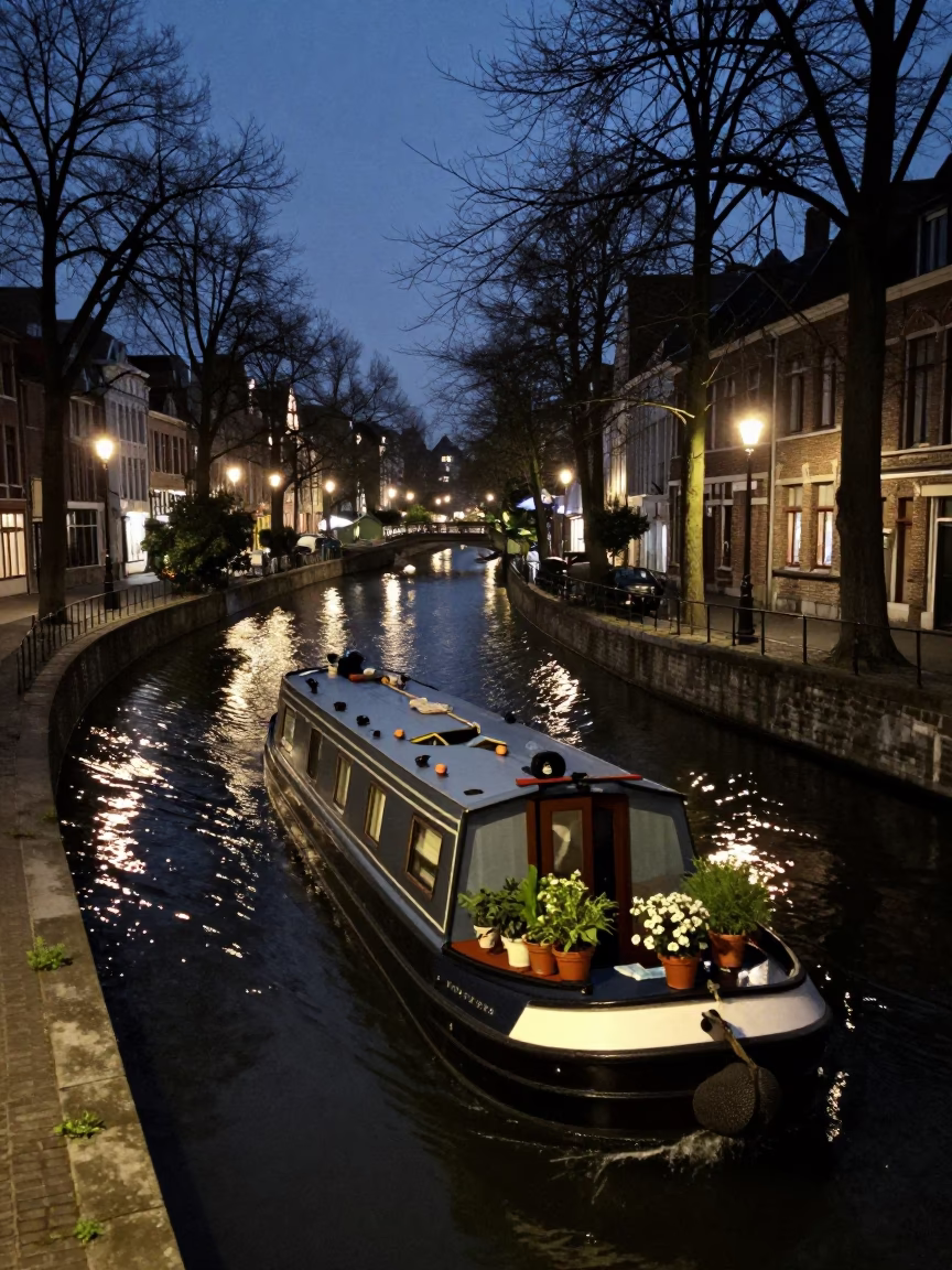 Midnight Barge on Brussels Canal with Potted Herbs and Rain in in Brussels, Belgium