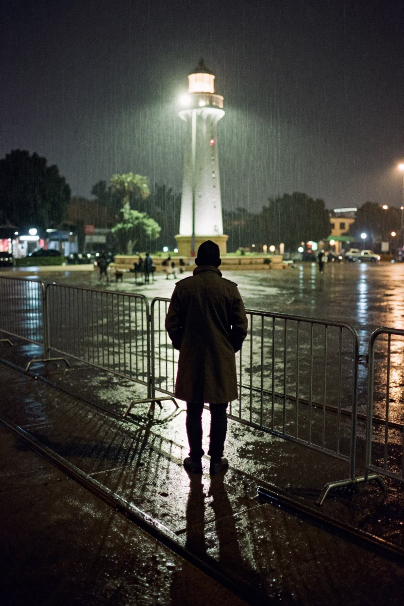 Midnight Barricades Wet With Drizzle in Qena in in a public square in Qena