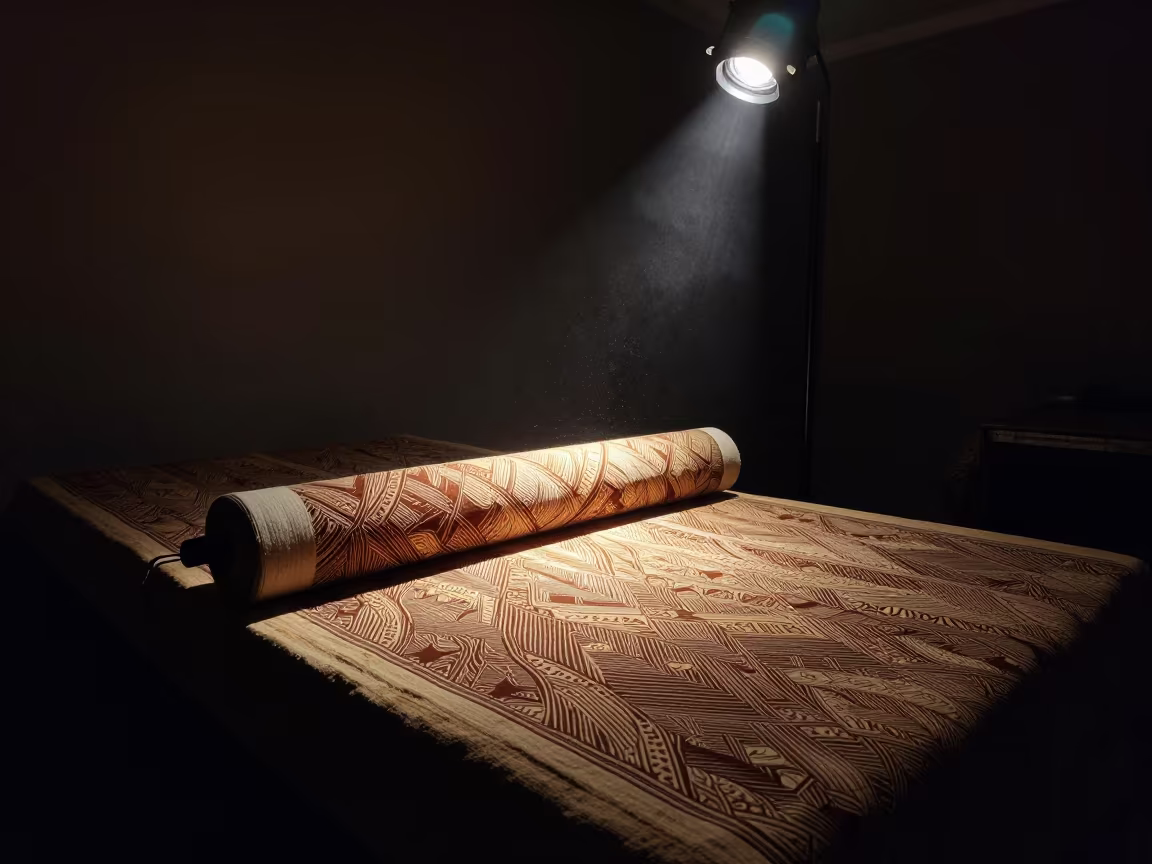 Midnight Batik Fabric Roll Under Projector Light in on a textile-covered table in Jakarta