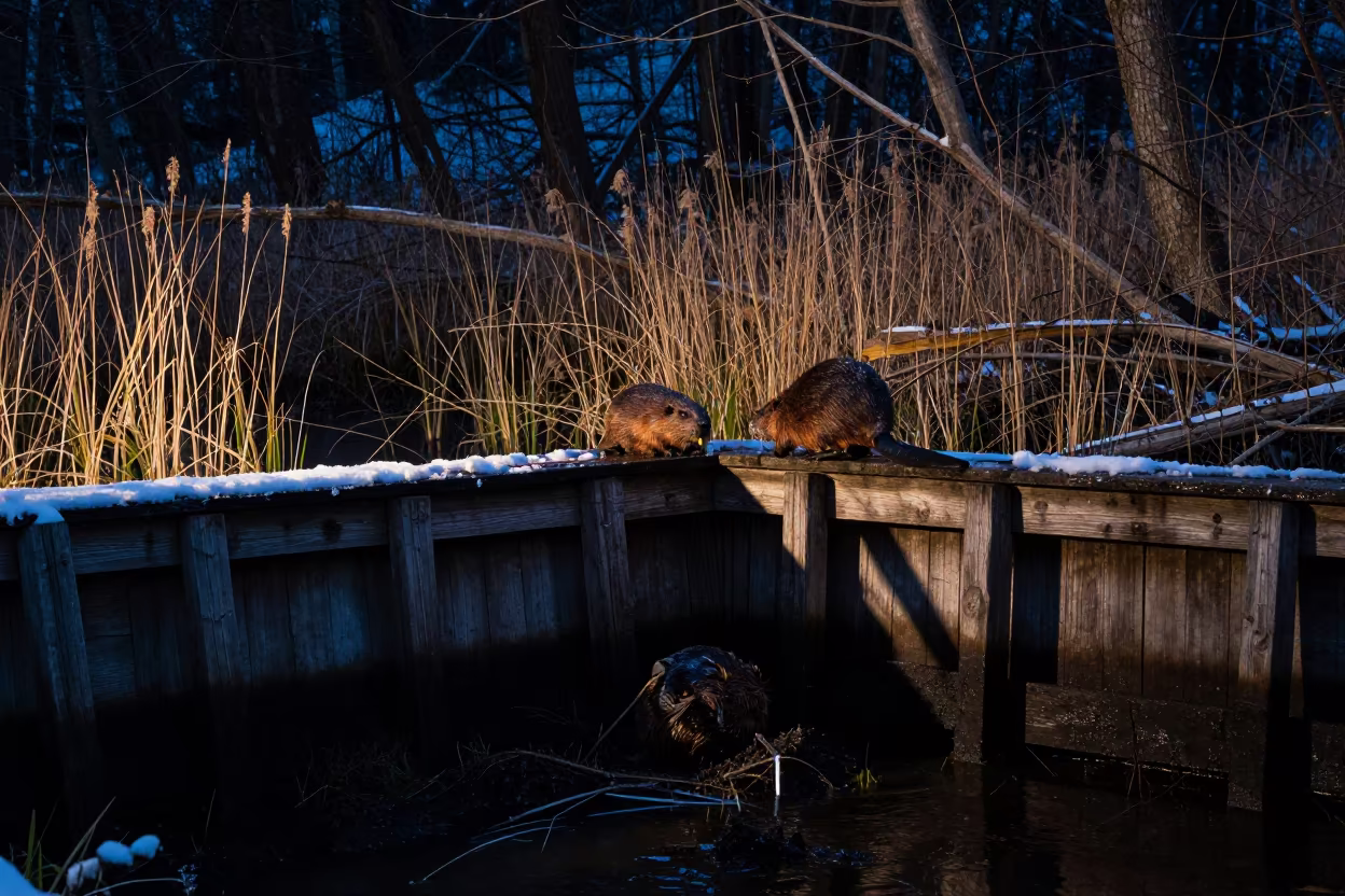 Midnight Beaver Dam in Snowy Forest Stream in at the edge of a reed bed near Daska