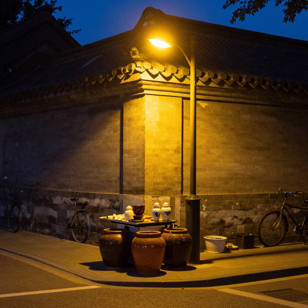 Midnight Beijing Street Corner with Vintage Stoneware Crocks and Dusty Lamp in 1980s China in in Beijing, China