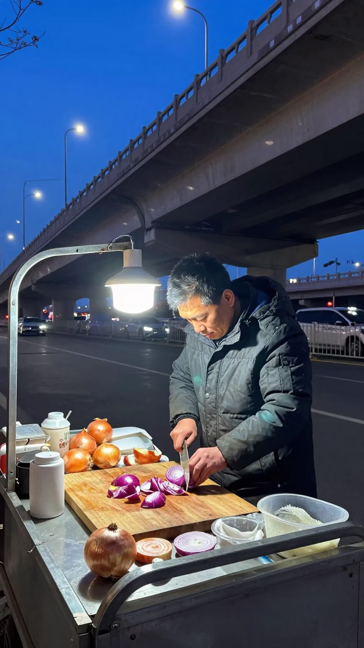 Midnight Beijing Street Food Stall with Onions and Overpass Taillight Streaks in in Beijing, China