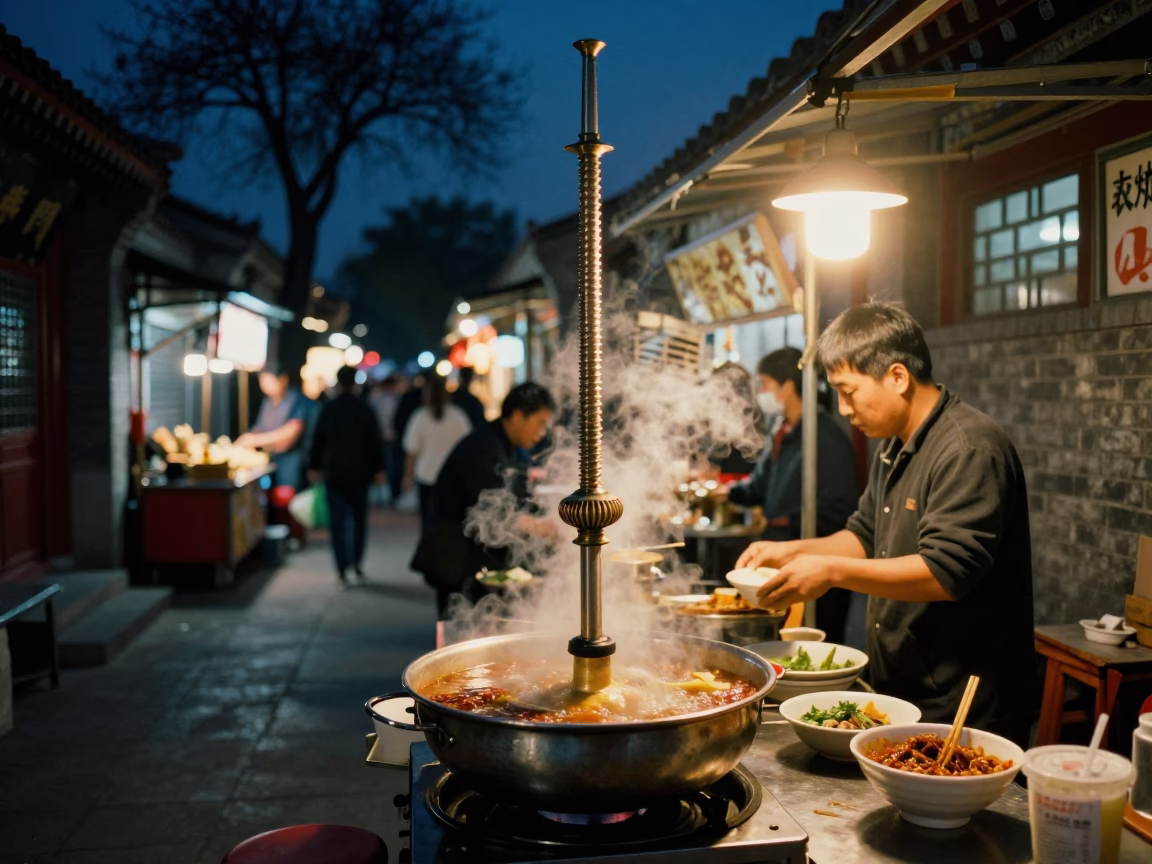 Midnight Beijing Street Food Stall with Spinning Top and Pepper Soup in in Beijing, China