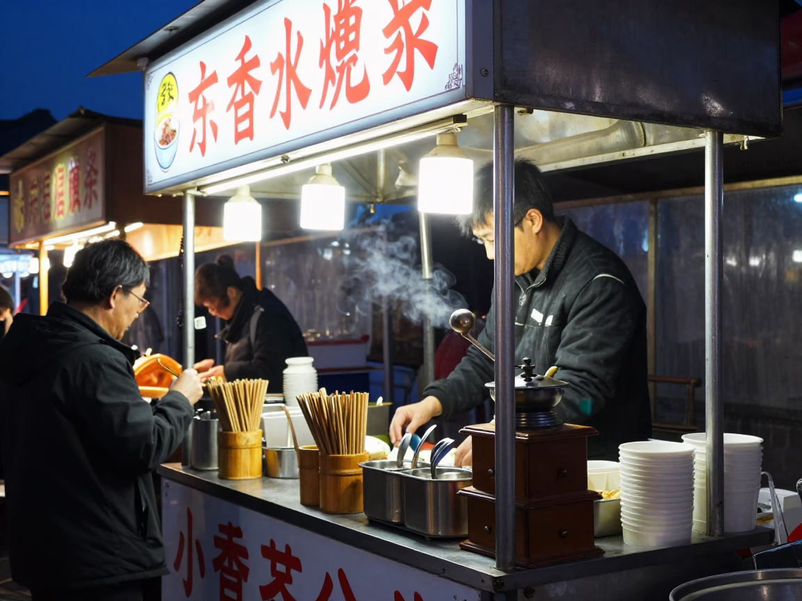 Midnight Beijing Street Food Stall with Vintage Coffee Grinder and Utensil Crocks in in Beijing, China