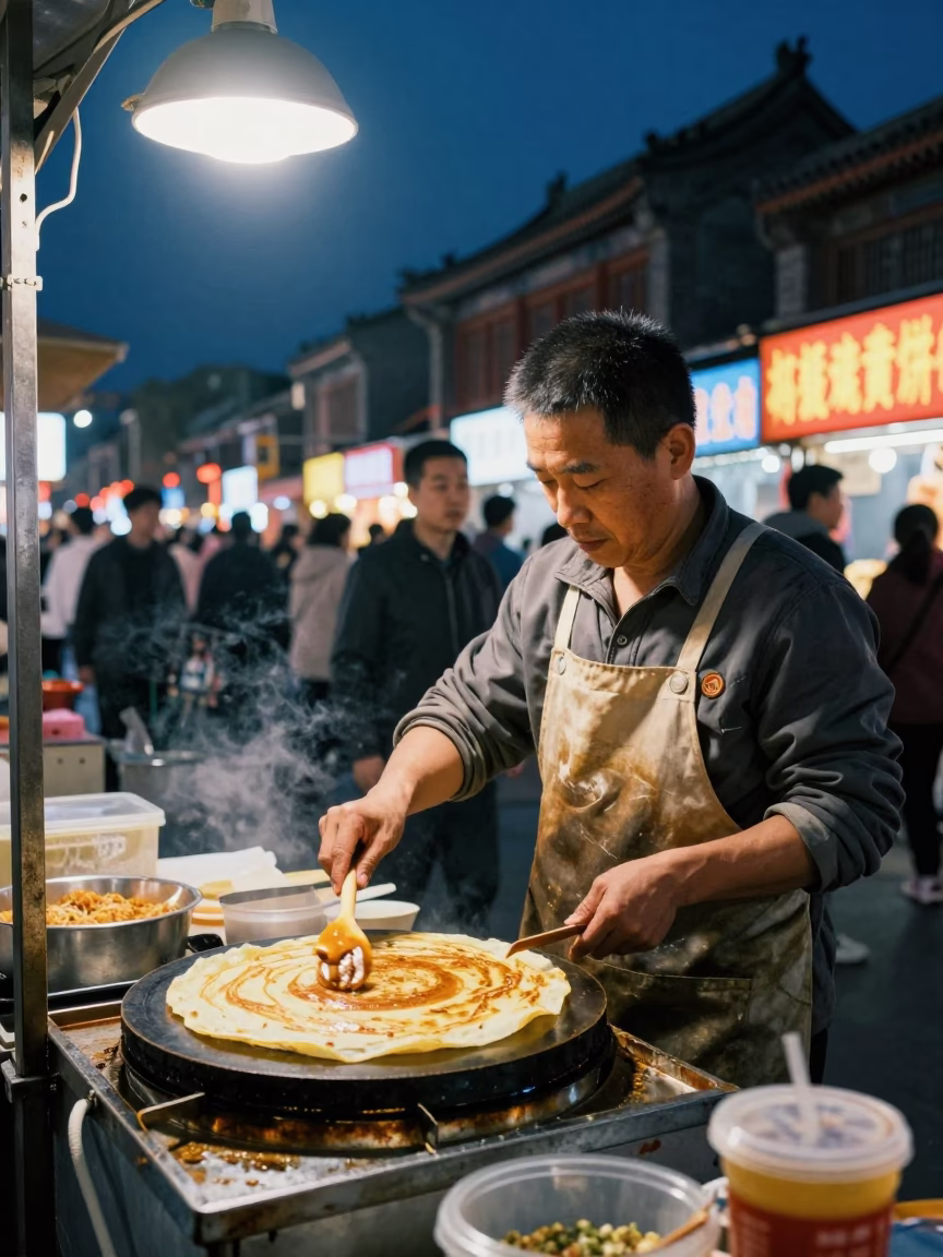 Midnight Beijing Street Scene with Jianbing Crepe Vendor and Neon Lights in in Beijing, China