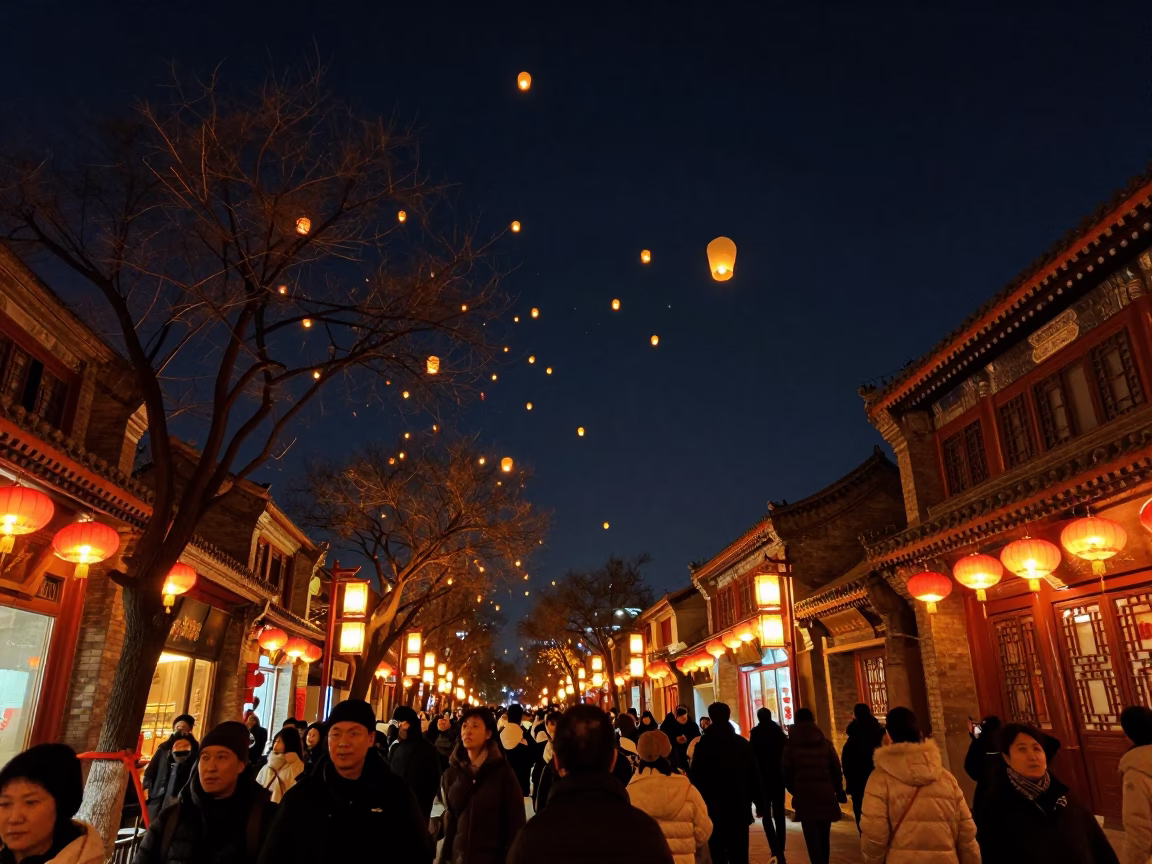 Midnight Beijing Street Scene with Lantern Festival Sky Lanterns and Local Life in in Beijing, China