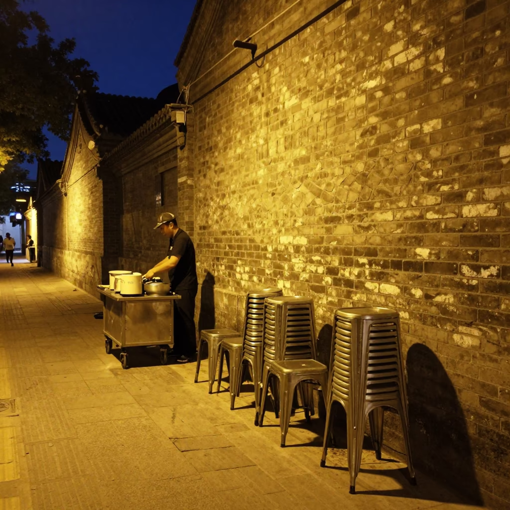 Midnight Beijing Street Scene with Metal Stools and Night Market Vendor in in Beijing, China