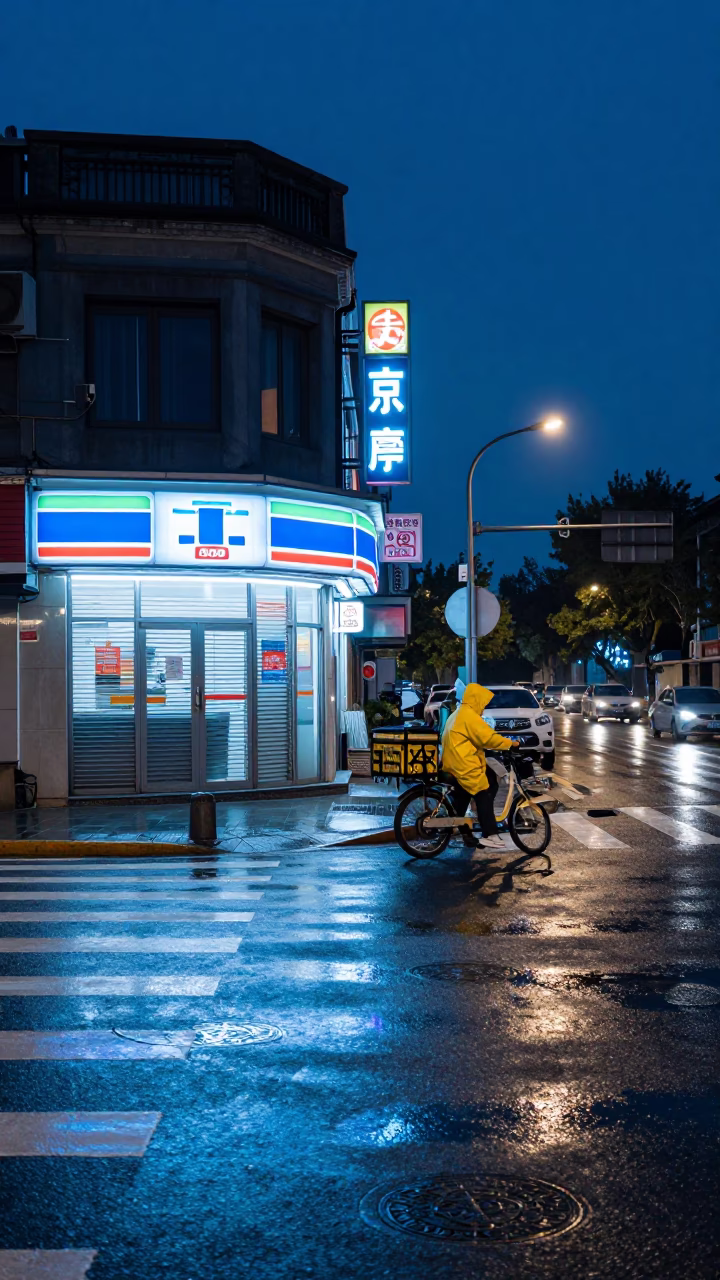 Midnight Beijing Street Scene with Neon Signs and Delivery Scooter in in Beijing, China