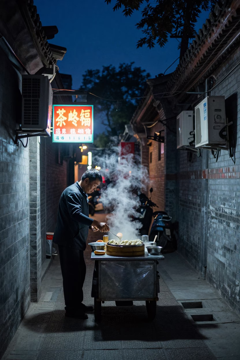 Midnight Beijing Street Scene with Neon Signs and Local Vendors in in Beijing, China