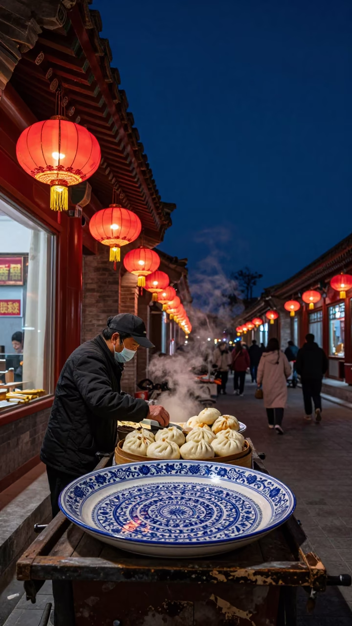 Midnight Beijing Street Scene with Red Lanterns and Vintage Majolica Plate in in Beijing, China