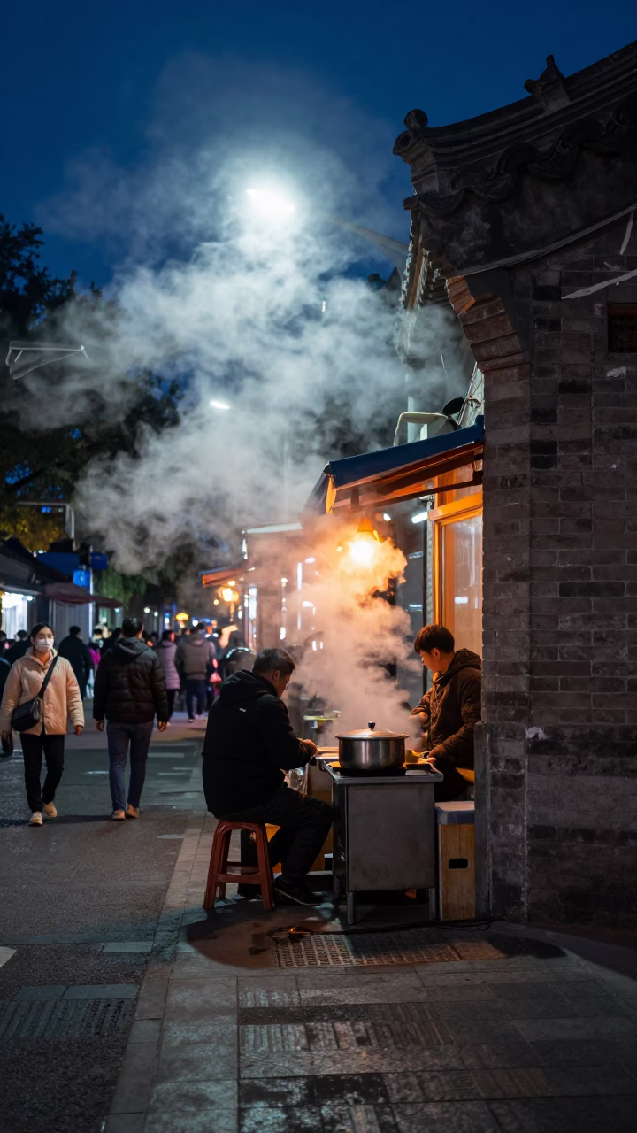 Midnight Beijing Street Scene with Steam Haze and Fire Engine Sirens in in Beijing, China