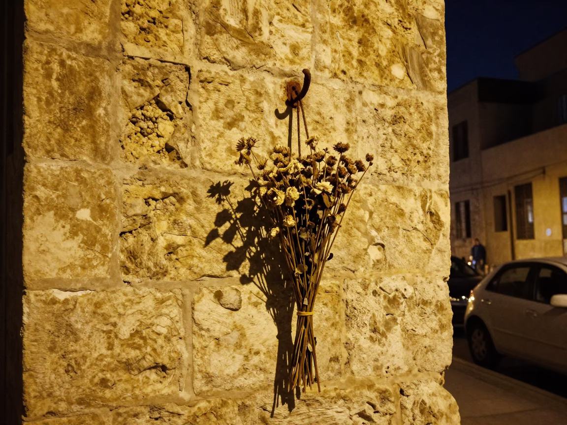 Midnight Beirut Street Corner with Dried Flowers and Vintage Wall Hook in in Beirut, Lebanon
