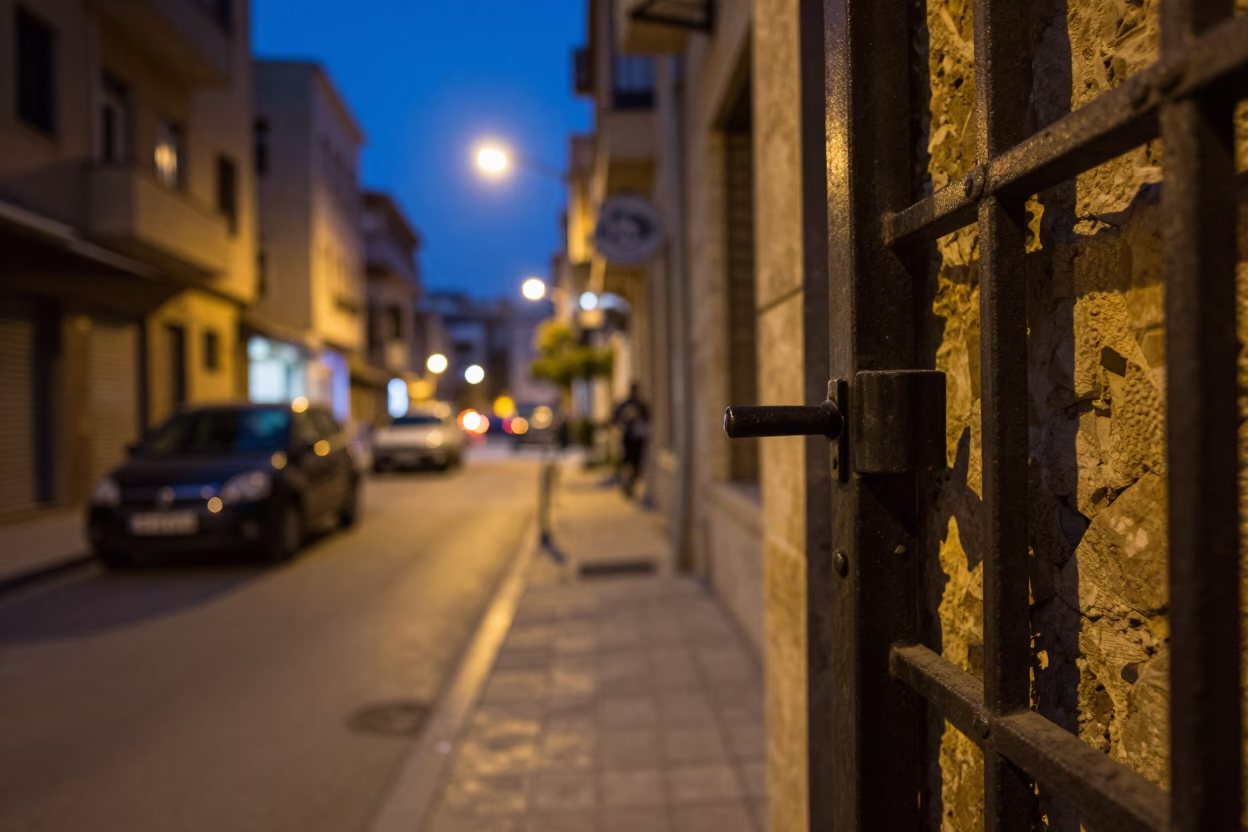 Midnight Beirut Street Scene with Gate Handle and Urban Architecture in in Beirut, Lebanon
