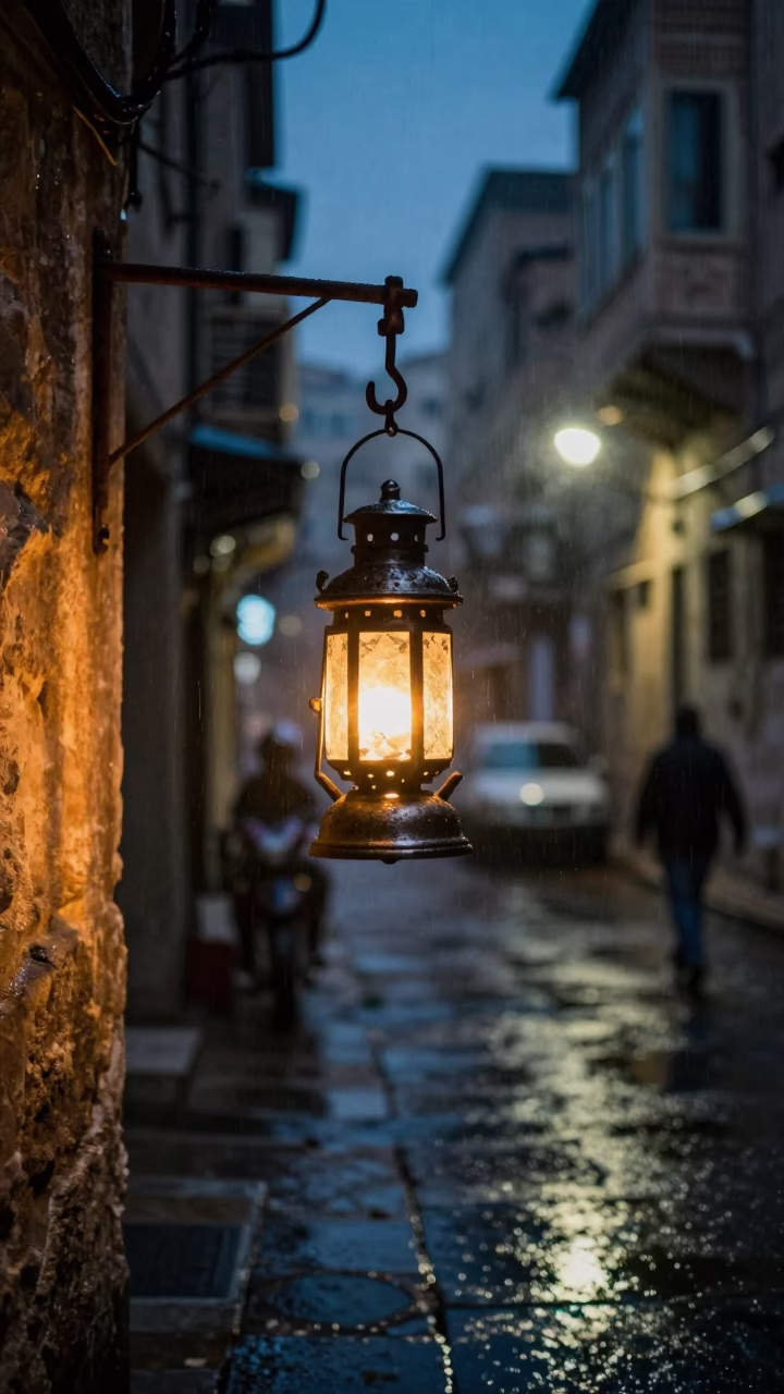 Midnight Beirut Street Scene with Glowing Lantern and Rain-Soaked Peonies in in Beirut, Lebanon