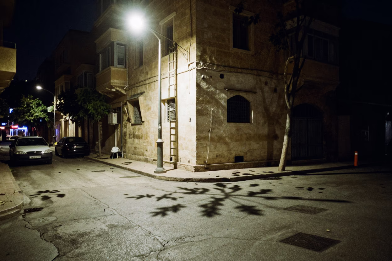 Midnight Beirut Street Scene with Leaf Shadows and Ladder-Back Chair in in Beirut, Lebanon