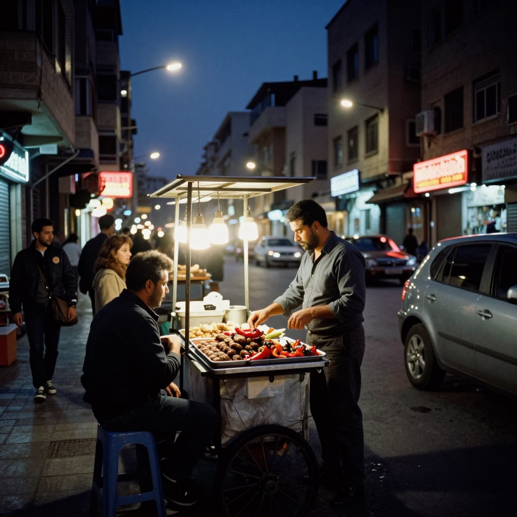 Midnight Beirut Street Scene with Neon Lights and Evening Activity in in Beirut, Lebanon