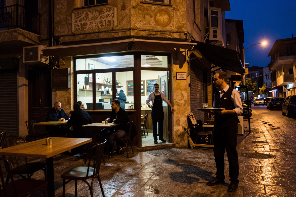 Midnight Beirut Street Scene with Neon Reflections and Local Café Details in in Beirut, Lebanon