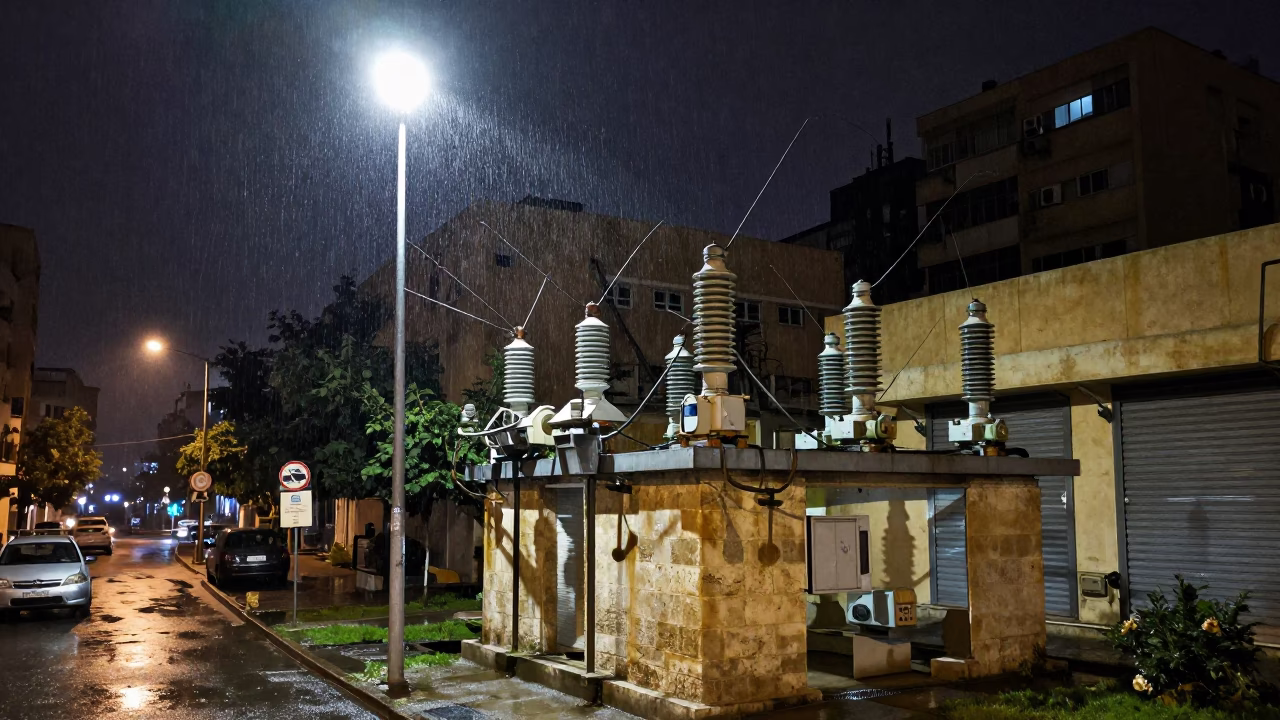 Midnight Beirut Street Scene with Substation Insulators Sparkling Under Floodlights in in Beirut, Lebanon