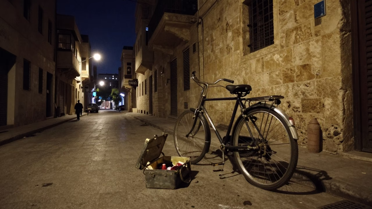Midnight Beirut Street Scene with Toolbox and Bicycle Near Bakery in in Beirut, Lebanon