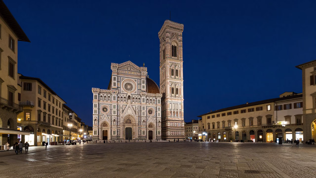 Midnight Bell Tower Illumination in Florence Italy Cobblestone Street Night Scene in in Florence, Italy