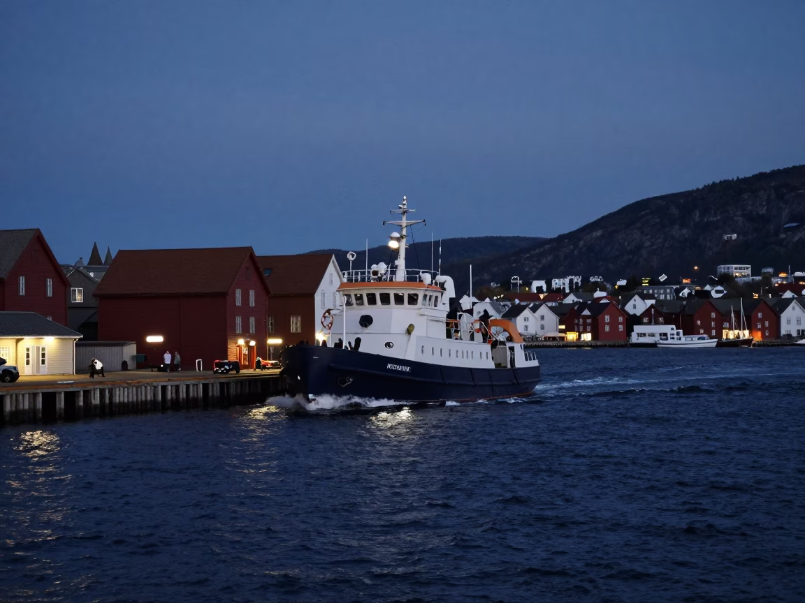 Midnight Bergen Norway Harbor Scene with Pilot Boat and Fishing Nets in in Bergen, Norway