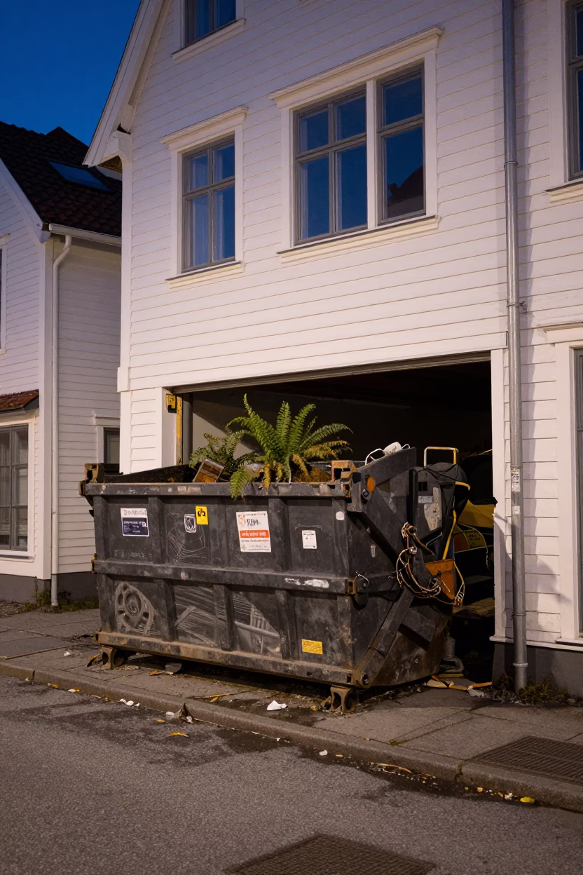 Midnight Bergen Norway Street Scene with Demolition Dumpster and Ferns in in Bergen, Norway