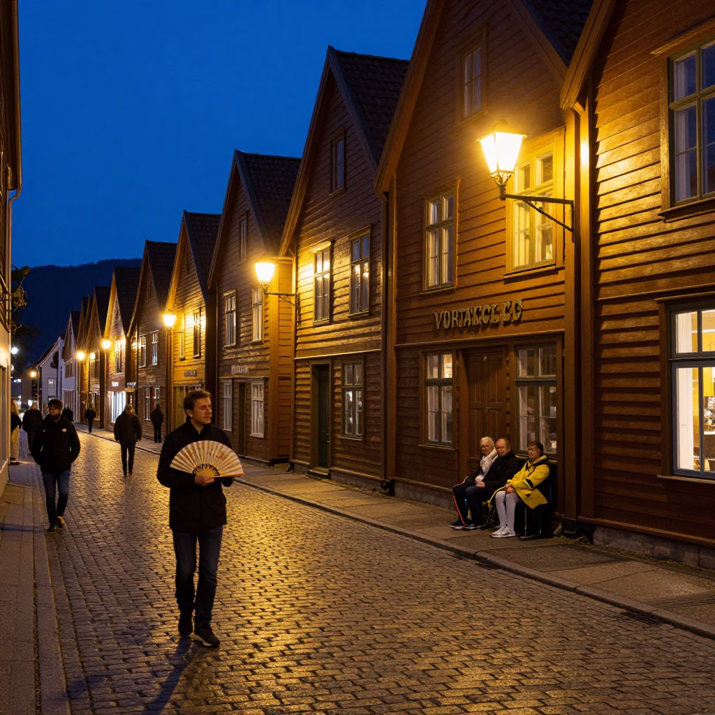 Midnight Bergen Norway Street Scene with Folding Fan and Work Stool in in Bergen, Norway