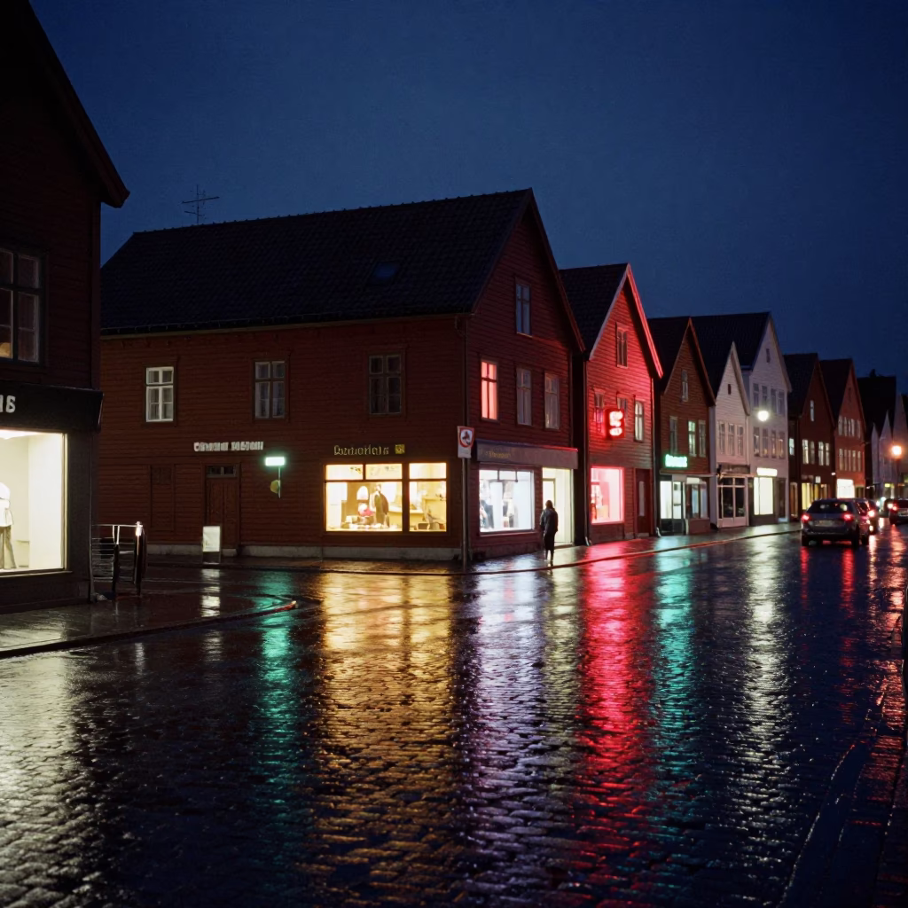 Midnight Bergen Norway Street Scene with Neon Reflections and Wet Cobblestones in in Bergen, Norway