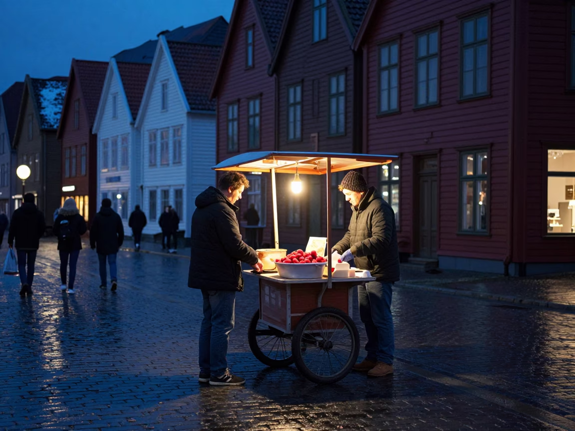 Midnight Bergen Norway Street Scene with Raspberries and Vintage 1980s Aesthetic in in Bergen, Norway