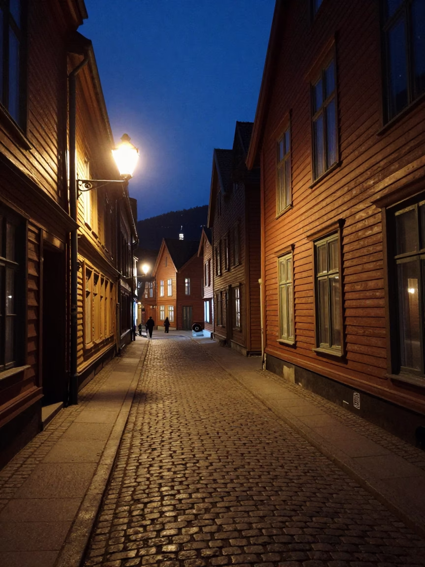 Midnight Bergen Norway Street Scene with Vintage Elements and Urban Details in in Bergen, Norway