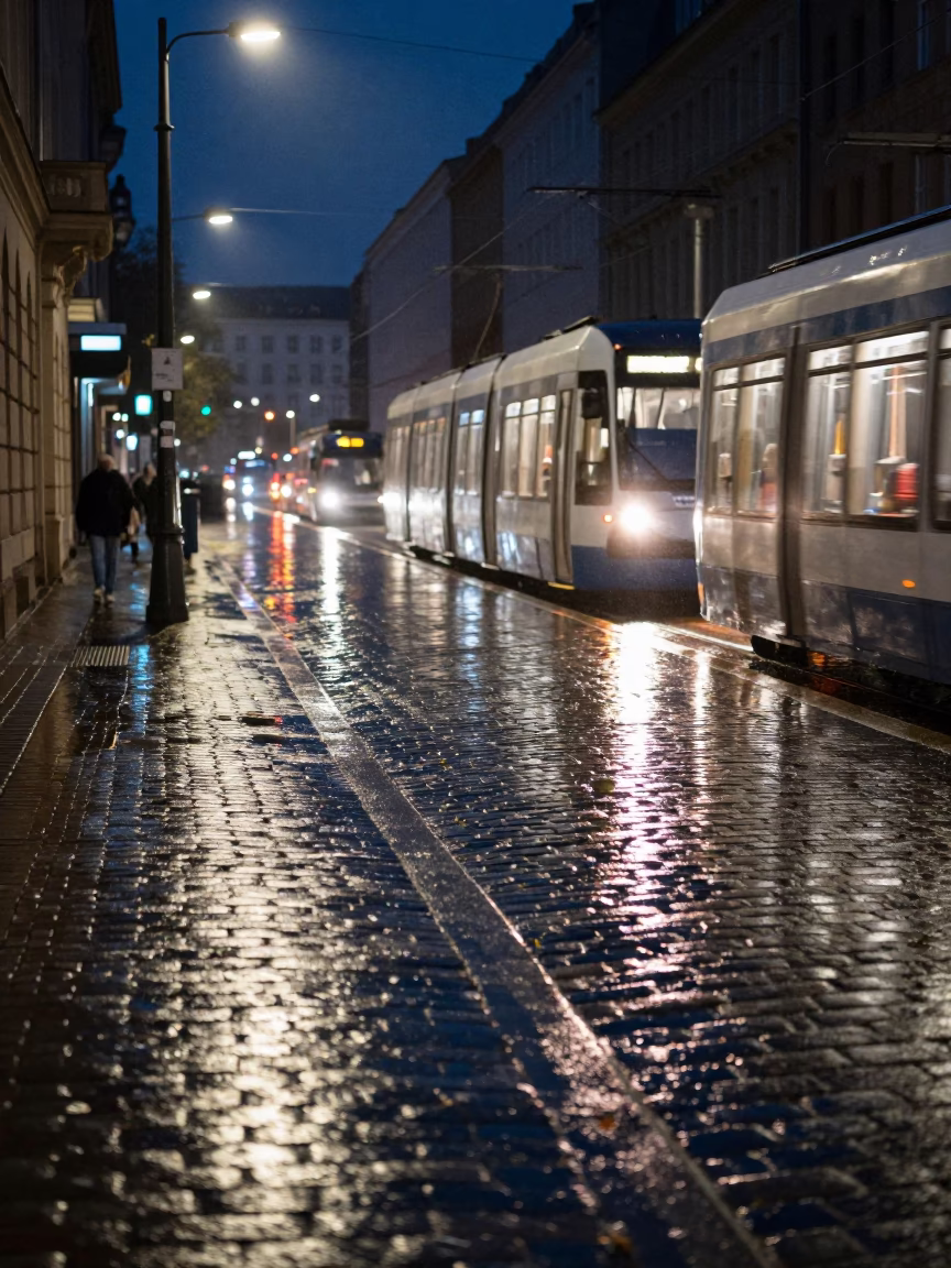 Midnight Berlin Cobblestone Street Scene with Tram Reflections in Rain Puddles in in Berlin, Germany