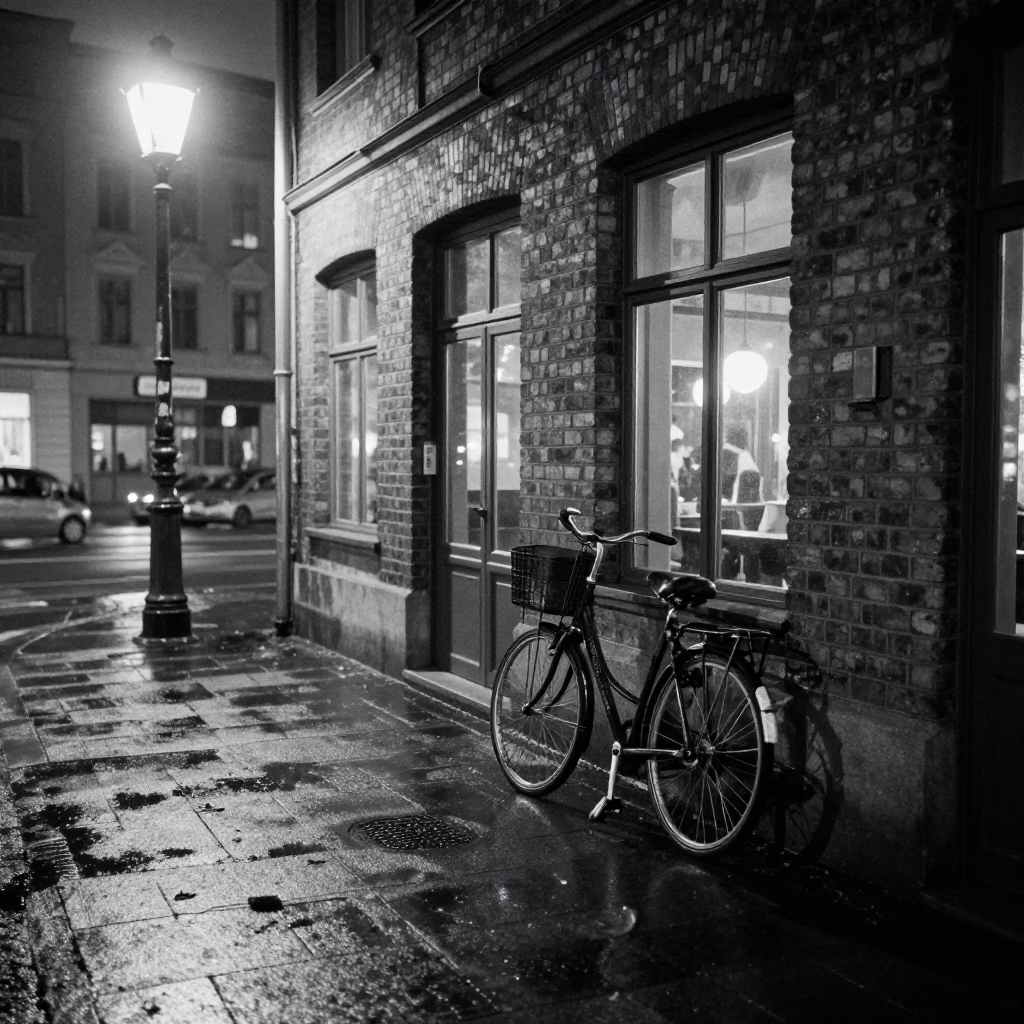 Midnight Berlin Street Scene with Bicycle Leaning Against Cafe and Red Observatory Lights in in Berlin, Germany